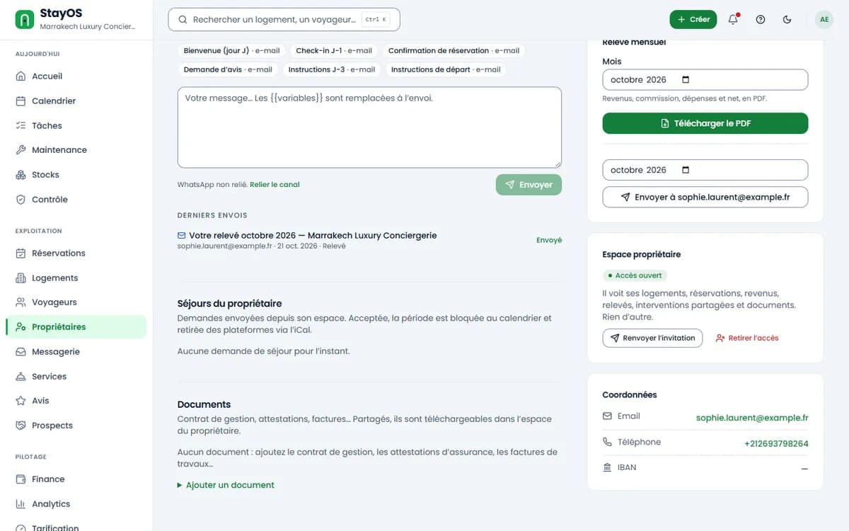Fiche propriétaire avec le bloc Espace propriétaire