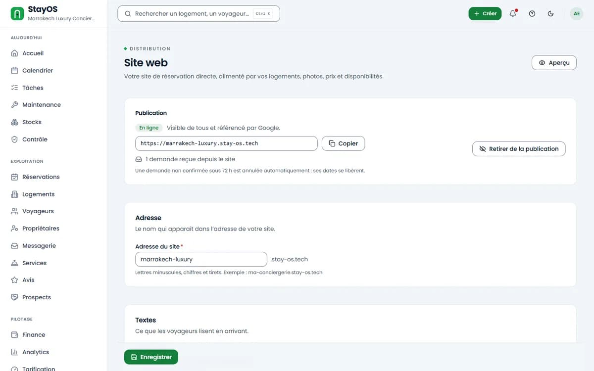 Page Site web : publication, adresse et textes